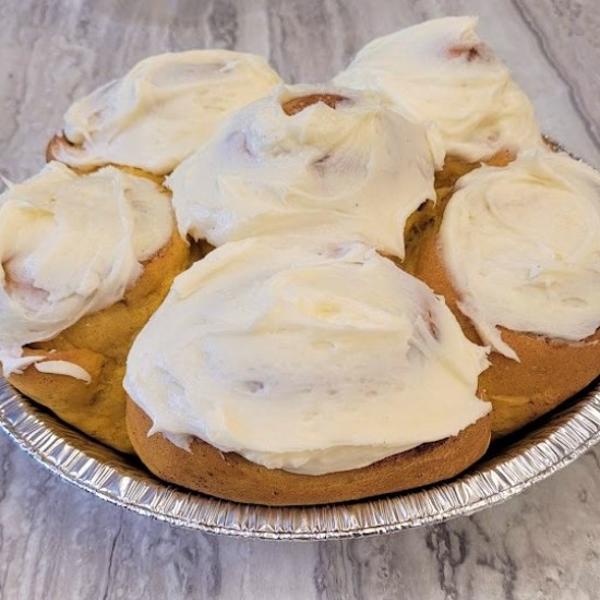 Homemade Cream Cheese Frosted Pumpkin Cinnamon Buns (pkg. of 6)